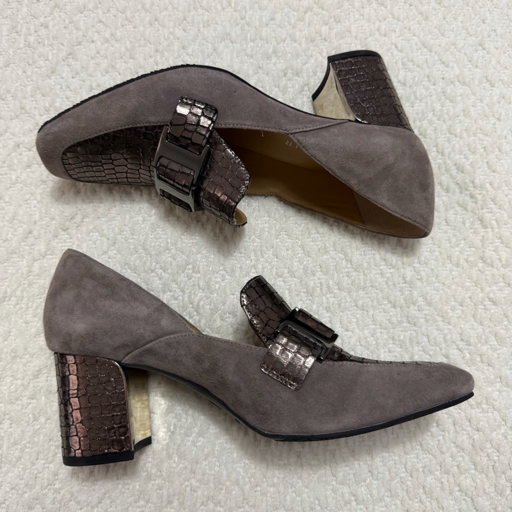 Donald Pliner Caresse Loafer Pump Block Heels Metallic Grey Women’s Size 9.5